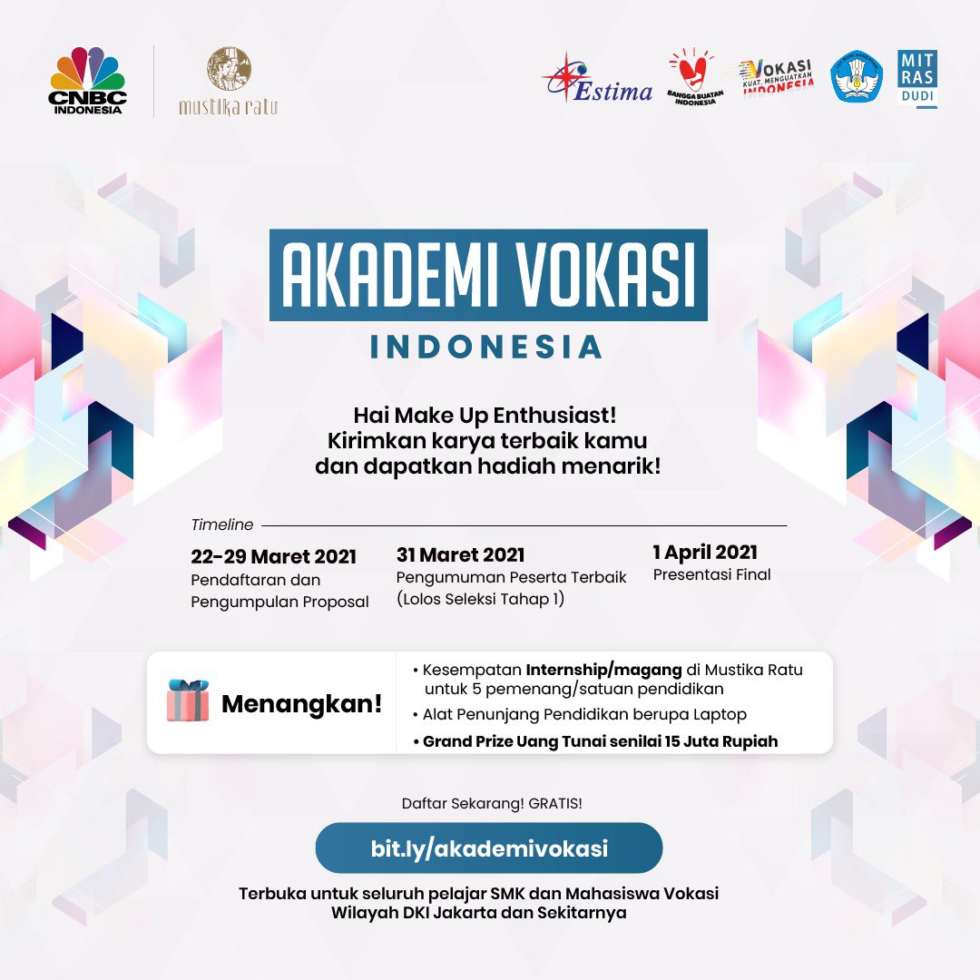 mitrasdudi's tweet photo. Halo #MitraVokasi, Halo Calon MUA Masa Kini! Ayo ikuti Akademi Vokasi Indonesia! Yuk daftar sekarang dan simak syarat dan ketentuannya melalui tautan berikut ini https://t.co/Ow6W8sUgeN

#AVI #AkademiVokasiIndonesia #Vokasi #TataRias #MitrasDUDI #VokasiKuat #MenguatkanIndonesia https://t.co/atVIVEbw9M