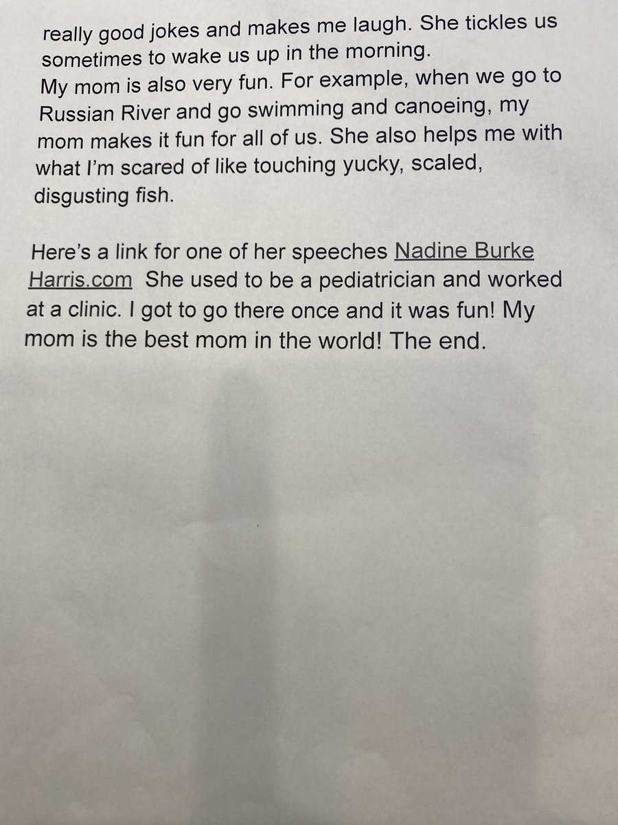 DrBurkeHarris's tweet photo. So you know how we've all been struggling, wondering if we are a good-enough parent? This afternoon my 8-year-old slipped some papers under my door while I was working.  It was a speech he had to write for school... I completely lost it! Shared with his permission: https://t.co/mVn0raHoza
