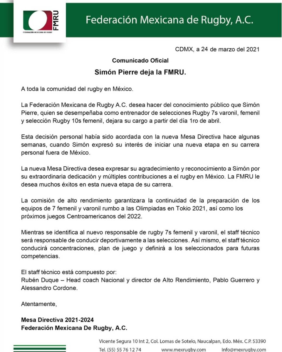 Rugby_Mexico's tweet photo. Nuestro mayor agradecimiento y admiración para nuestro querido @simonpierre2246 por todos los años de apoyo y  liderazgo en nuestras selecciones.
Sin duda México siempre será tu casa.

¡Gracias Simón Pierre!

#RugbyMexico #rugby #yoganoconINVEX #INVEXtarjetas https://t.co/aUBr6fHQtZ