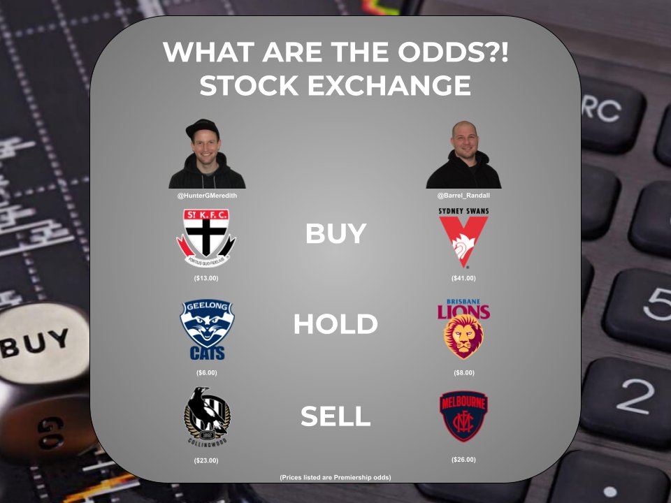 WATOsPod's tweet photo. 📈BUY, SELL, HOLD - #AFL RD 1📉

@Barrel_Randall is all in on the young Swans but hasn't seen anything he liked about the same old Dees.

@HunterGMeredith is marching to the same tune as the Saints but isn't "All for One" with the Pies.

LISTEN to #WATOS - https://t.co/pCHFsl1lRJ https://t.co/rCJ8Y7lz8H