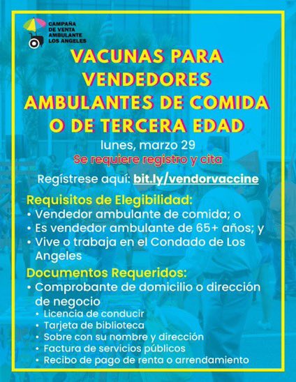 DougSmth's tweet photo. Please share with street vendors in your neighborhood! The LA Street Vendor Campaign is hosting a vaccination event for street vendors this Monday! Street Vendors can register to receive an appointment here: https://t.co/8fg2bLkicA https://t.co/t8LbJJmt6I