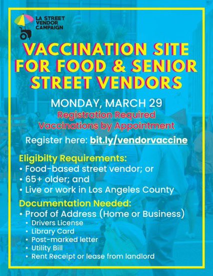 DougSmth's tweet photo. Please share with street vendors in your neighborhood! The LA Street Vendor Campaign is hosting a vaccination event for street vendors this Monday! Street Vendors can register to receive an appointment here: https://t.co/8fg2bLkicA https://t.co/t8LbJJmt6I