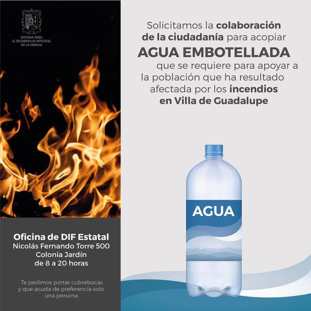 Potosinos_slp's tweet photo. Es tiempo de unidad! 
Apóyenos a los potosinos que se encuentran en desgracia por los incendios! 
Hagamos fuerza con un donativo de agua embotellada en el @DIF_SLP https://t.co/0zgDtu8c8J