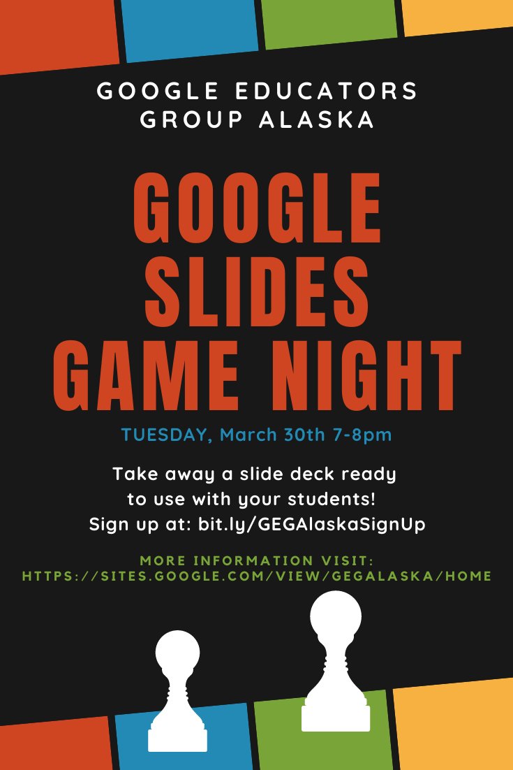GEGAlaska's tweet photo. Tuesday, March 30 from 7-8pm~This meeting will be a little different. We are having a Game Night! Join us for a fun night &amp; take away a slide deck that is ready to use with your students! Sign up here: https://t.co/06RarThQ0y #akedchat https://t.co/JsWJVjS2ns