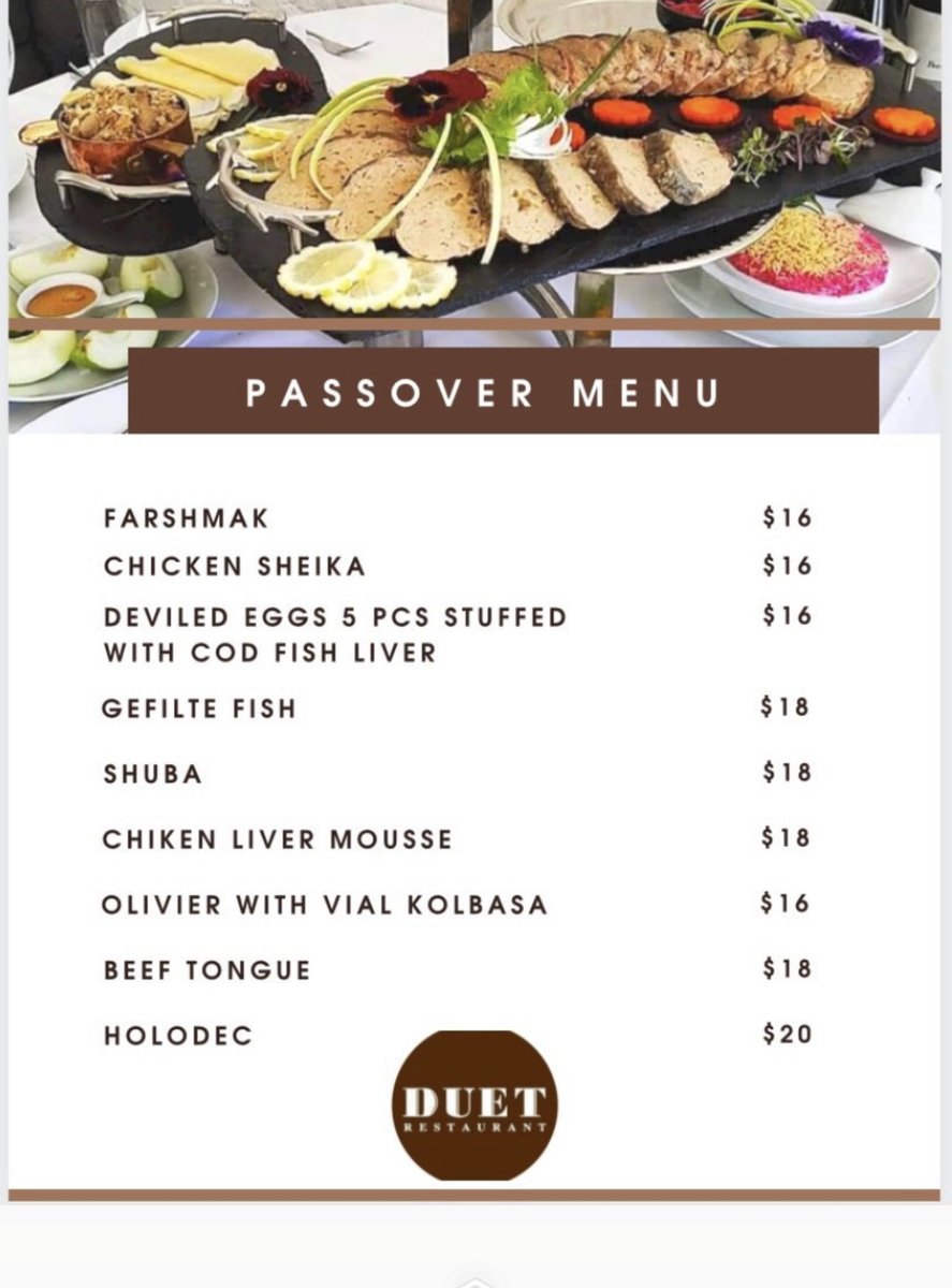 Duet_Restaurant's tweet photo. Enjoy our made to order Passover Menu for Seder Dinner for the entire family.
𝐃𝐮𝐞𝐭 𝐁𝐚𝐤𝐞𝐫𝐲 𝐚𝐧𝐝 𝐑𝐞𝐬𝐭𝐚𝐮𝐫𝐚𝐧𝐭
🌎https://t.co/ZoNAjKYOaB
📞 (718) 676-6219
📍6181-6183 Strickland Avenue
Brooklyn, NY 11234 https://t.co/xS4dRciY7w