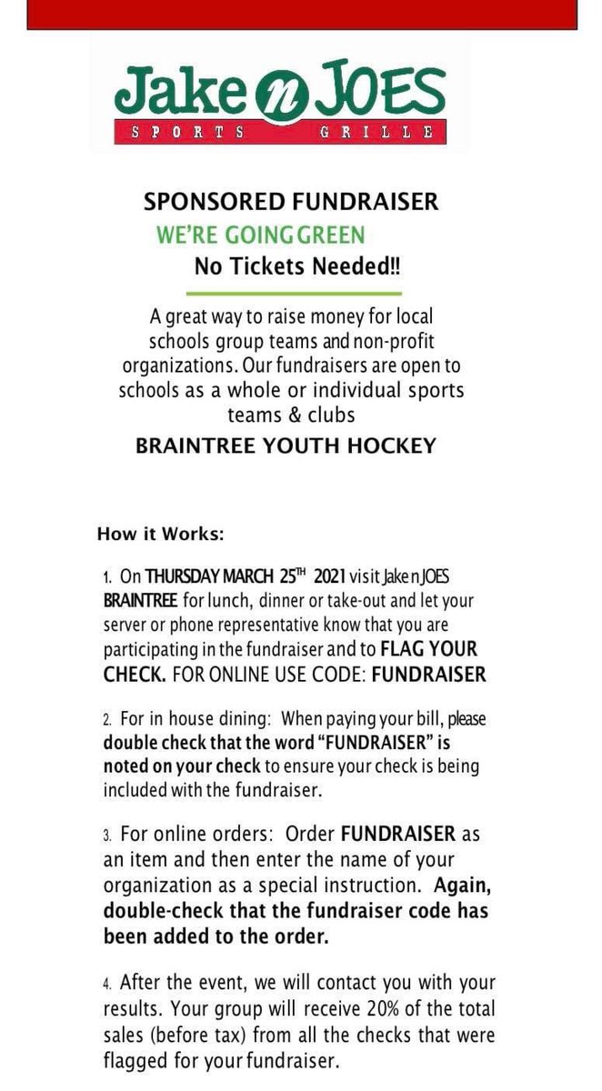 BYH Jake n Joe’s fundraiser, tomorrow 3/25.  Dine in or order take-out, just mention the fundraiser.  Tell your friends!