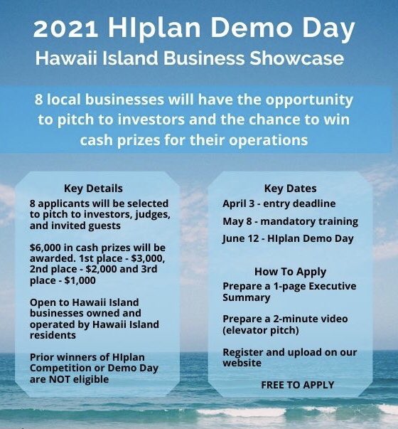 HIplan808's tweet photo. Calling all Hawaii Island Entrepreneurs: Demo Day 2021 is coming. Submission date is April 3. https://t.co/ARbMvMgQ1G