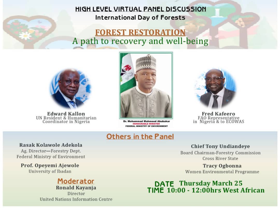 It’s 30mins to the High-Level Virtual Panel discussion on 2021 International Day of Forest, organized by <a href="/Fmenv/">Fed Min Environment</a> in collaboration with <a href="/UN_Nigeria/">United Nations Nigeria</a>  

To join us, use the zoom link below 

Date; Thursday Mar 25, 2021 10:00am

Link: fao.zoom.us/j/95786169751

Passcode: 06054805