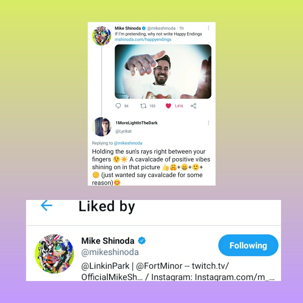 Lyrikat's tweet photo. @mikeshinoda 😀Woooo!! For the 1st time @mikeshinoda liked my tweet! 🤓 Oh Happy Day🌞 https://t.co/T7rKlJKIk4