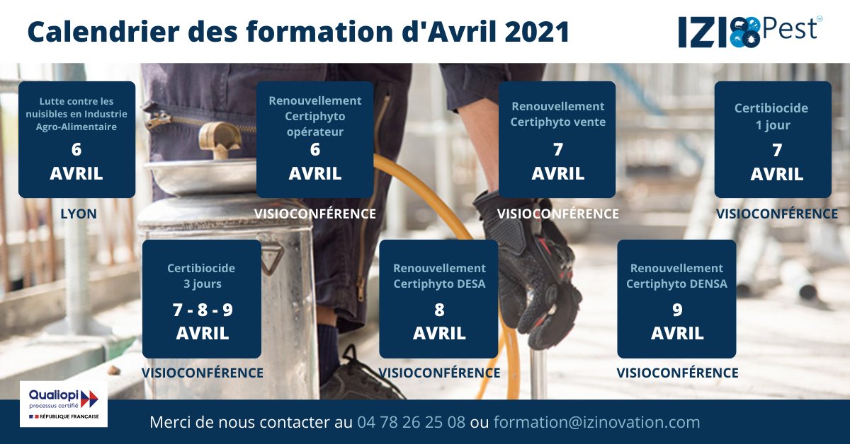 IziPest's tweet photo. 📚 Formation : Planning des formation d'Avril 2021 📚

Nous sommes très heureux de vous proposer ces nouvelles session de formations

⚠️ ATTENTION PLACES LIMITÉES ⚠️

Demande d'information : formation@izipest.com
Site internet: https://t.co/VH0iRryCcw
#pestcontrol https://t.co/1fZOoKjvwN