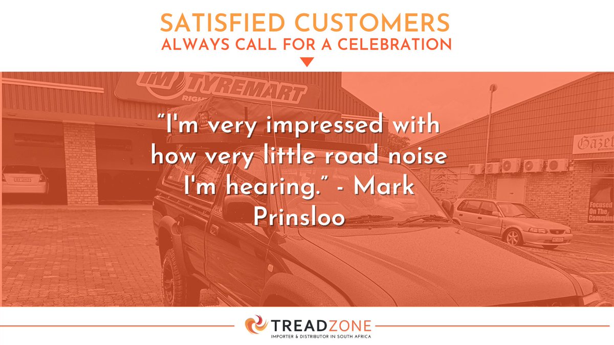 treadzone's tweet photo. Satisfied customers always call for a celebration at Treadzone. We appreciate valuable feedback from our loyal customers. "I'm very impressed with how very little road noise I'm hearing.” - Mark Prinsloo. Feel free to post your own feedback here! #Treadzone #WeKnowTyres https://t.co/pxabEzYpHt
