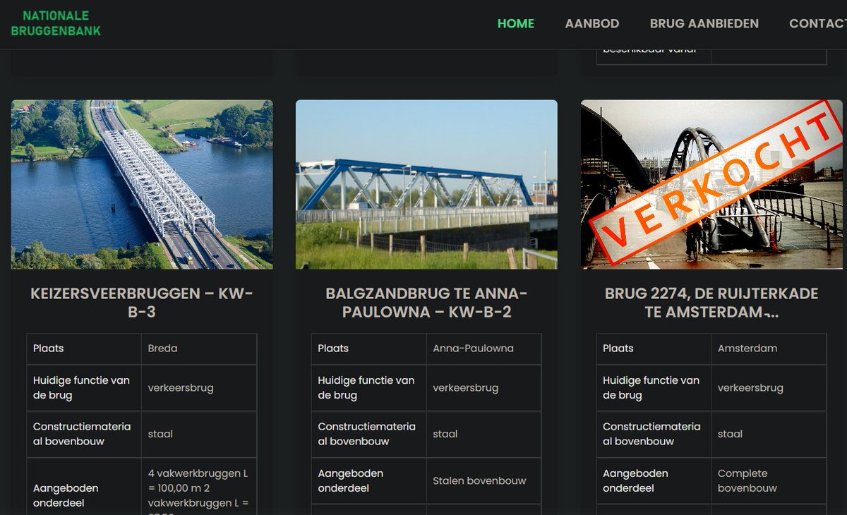 Komuś używany most? Niderlandy się nie patyczkują. Ich Ministerstwo Infrastruktury i Gospodarki Wodnej odpaliło stronę, na której możecie kupić sobie taki właśnie używany kawałek infrastruktury x)
#zeroWaste

nationalebruggenbank.nl