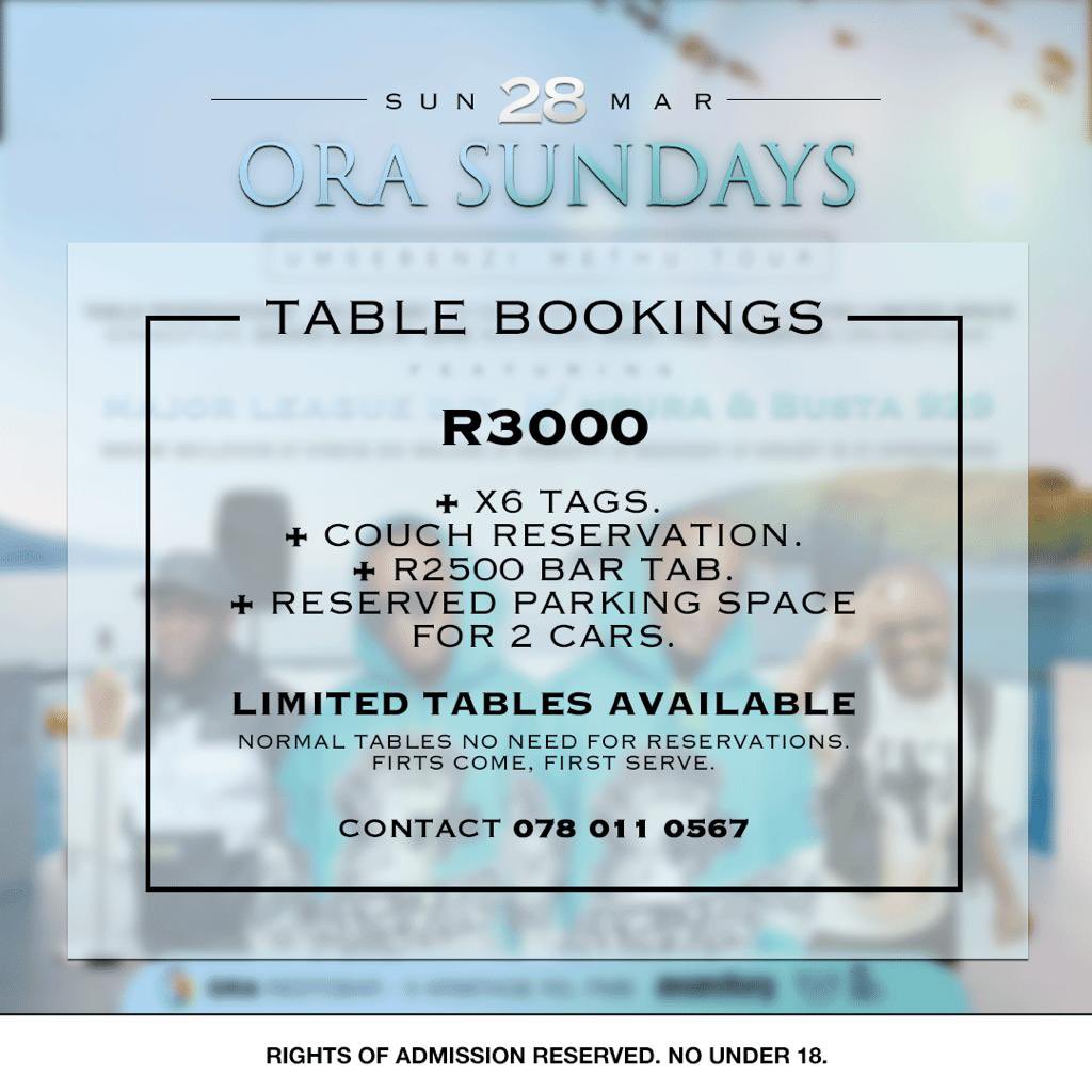 Snow_Mclovin's tweet photo. Tables almost fully Booked For #OraSundays 

You don’t wanna miss this one 

Doors Open 12:00
#umsebenziwethu 
📍Ora RESTOBAR 
📅 Sunday 28 March 
🎟 R100 https://t.co/NBDu2ERH3U