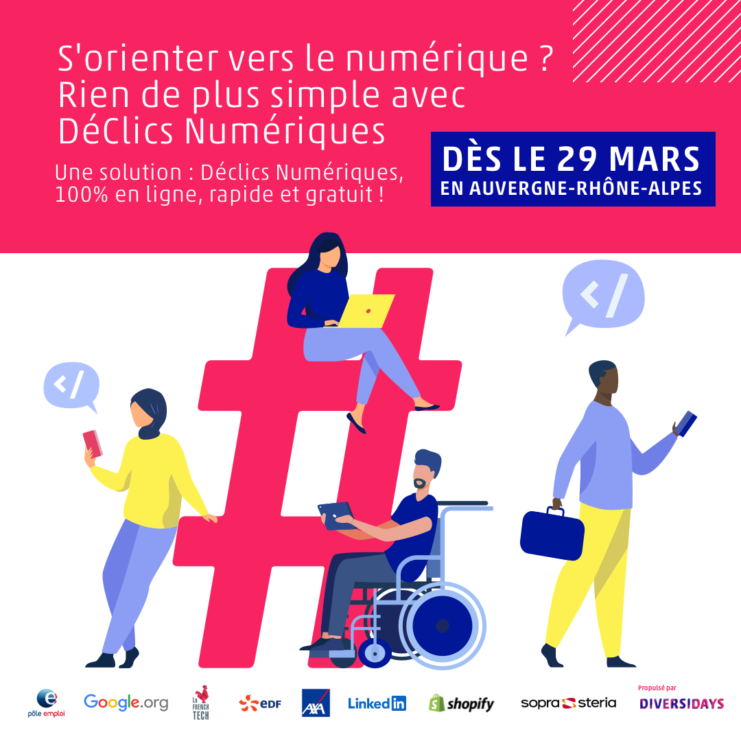 ∙∙∙  Envie de vous reconvertir ?  ∙∙∙
 #DéClicsNumériques vous accompagne pour : 
🔍 Découvrir les métiers du #numérique
💪 Booster vos compétences 
👩🏽‍💼👨🏻‍🏫 Rencontrer les recruteurs et formateurs de votre région 

📅 RDV dès le 29/03 👉🏼 diversidays.com/declics-numeri…