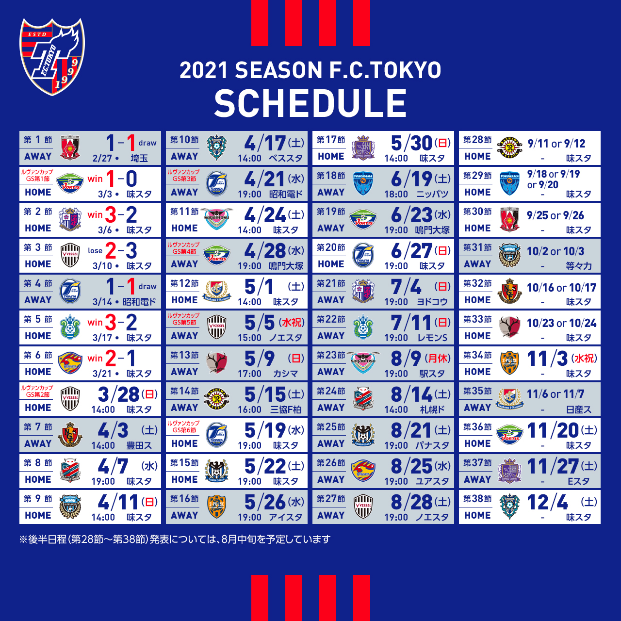 Fc東京 公式 9 3 H 横浜fm戦 Lifewithfctokyo 21明治安田生命j1リーグ 第34節 第35節の試合日程のお知らせ 21jリーグybcルヴァンカップ 決勝 の開催日決定に伴い 21明治安田生命j1リーグ第34節 第35節の試合日程が決定しましたので