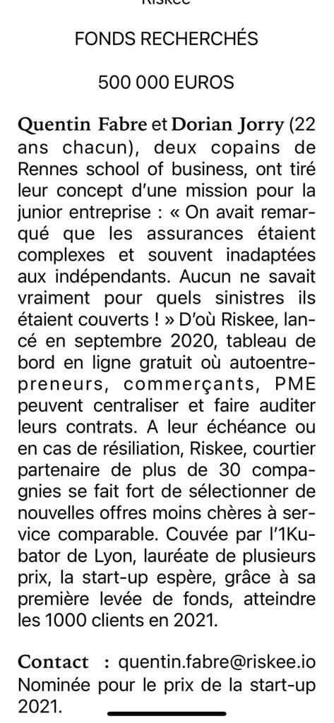 RennesSB's tweet photo. 👏Dorian Jorry et Quentin Fabre, 2 étudiants #Rennes_SB fondateurs de #Riskee, la néoassurance 100% digitale dédiée aux professionnels, font partie des 100 #startups du classement @Challenges où investir en 2021 ! Félicitations à eux ! https://t.co/pM0YKtgjsR