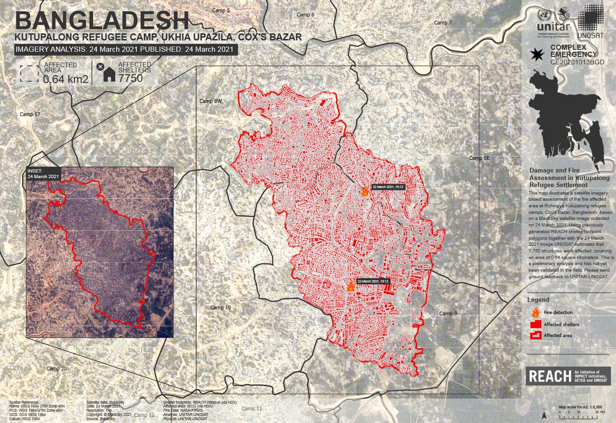 REACH_info's tweet photo. Map below is a #satellite imagery based assessment of the fires affecting the #Rohingya Kutupalong #refugee camps in #CoxsBazar #Bangladesh 

Using previous shelter footprints, REACH &amp; @UNOSAT  
estimate that 7,750 structures were affected in the area.

🖥️ https://t.co/jSyhUZ41jG https://t.co/2W52C3A2qw