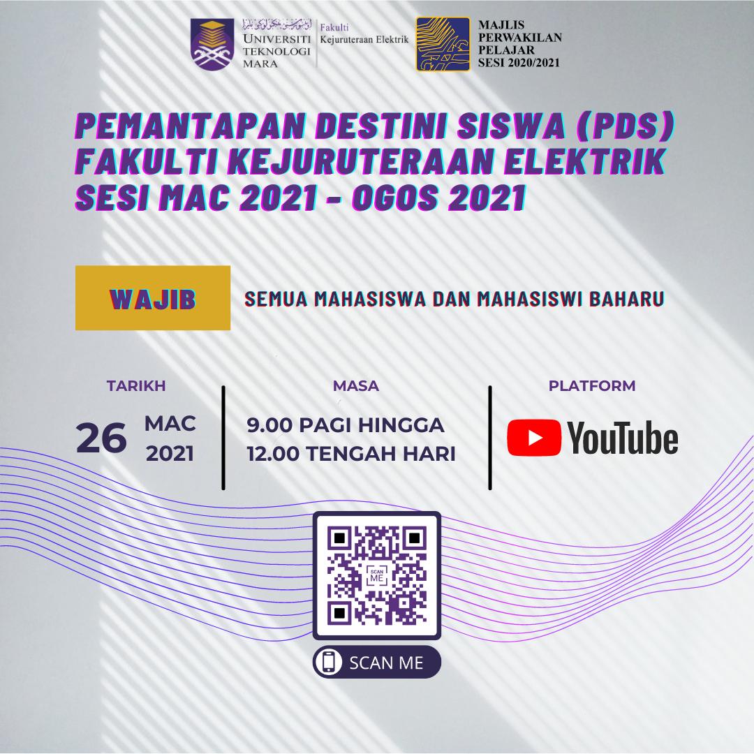 ELETA_UiTMSA's tweet photo. Assalamualaikum WBT, Salam Sejahtera, Salam UiTM Di Hatiku.

*[PEMANTAPAN DESTINI SISWA (PDS) FAKULTI KEJURUTERAAN ELEKTRIK UiTM SHAH ALAM MAC 2021]*

*Tarikh : 26 Mac 2021*
*Hari    : Jumaat*
*Jam    : 9.00 am - 12.00 pm*
*Platform : Youtube Live* https://t.co/k1PhDRsfnk