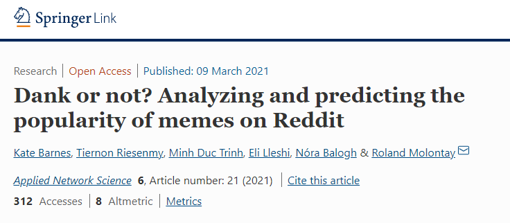 Dank or not? Analyzing and predicting the popularity of memes on Reddit, Applied Network Science