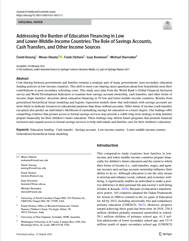 Okumu (@mosesokumu1) on Twitter photo #Education is a #SDOH, yet its cost is out of reach 4 many in low-income countries. Our study highlights how savings accounts ownership & various income forms may help families prepare financially for future educational needs <a href="/UNC_SSW/">UNC Social Work</a> <a href="/BrownSchool/">WashUBrownSchool</a> <a href="/ikoomson2/">ikoomson</a> <a href="/unebusiness/">UNE Business School</a> <a href="/UNESCO/">UNESCO 🏛️ #Education #Sciences #Culture 🇺🇳</a> #Education is a #SDOH, yet its cost is out of reach 4 many in low-income countries. Our study highlights how savings accounts ownership & various income forms may help families prepare financially for future educational needs <a href="/UNC_SSW/">UNC Social Work</a> <a href="/BrownSchool/">WashUBrownSchool</a> <a href="/ikoomson2/">ikoomson</a> <a href="/unebusiness/">UNE Business School</a> <a href="/UNESCO/">UNESCO 🏛️ #Education #Sciences #Culture 🇺🇳</a>
