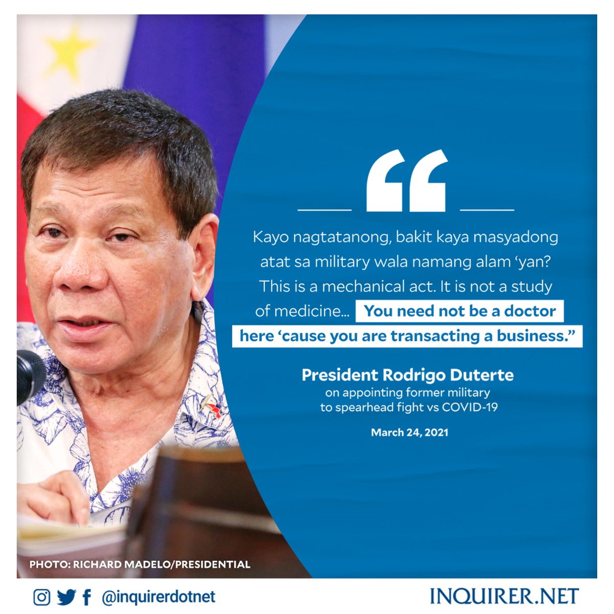 inquirerdotnet's tweet photo. ‘BAKIT MAHILIG SA MILITARY?’

Those spearheading the fight against the COVID-19 pandemic need not be doctors, President Rodrigo Duterte said on Wednesday as he defended his preference for appointing former military officers, including Carlito Galvez Jr.
https://t.co/y88Lje8cyk https://t.co/aPag91g4RQ