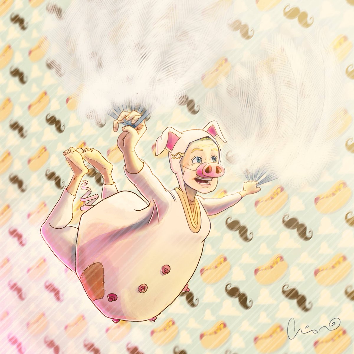 new painting of Della Moustachella's flying pig clown/burlesque skit. She was a ball of joy and playful light. She is so loved and missed.