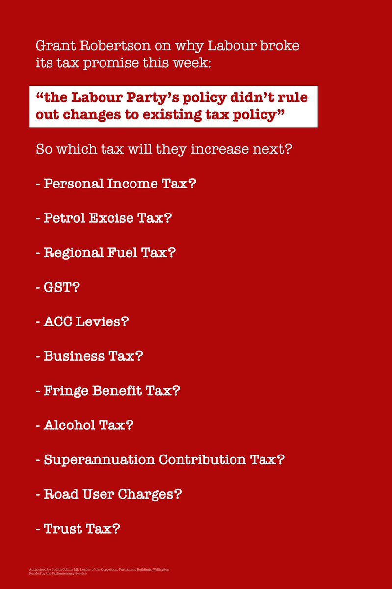 Labour’s election policy “didn’t rule out changes to existing tax policy” according to Grant Robertson. So after this week’s housing tax increase, which tax will be increased next?