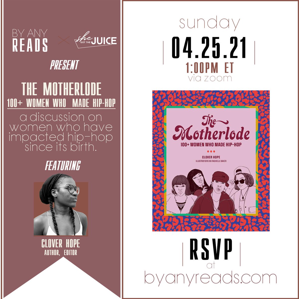 ByAnyReads's tweet photo. 🎤 TAPS MIC 🎤 Our April book pick comes in partnership w/ the dope limited edition lapel pins creator https://t.co/jL9TEkiGno!

Join us as we read #TheMotherlode: 100+ Women Who Made Hip-Hop by @clovito. Our Q&amp;A is on April 25th at 1PM ET. 

RSVP NOW👇🏽https://t.co/f8J4JmbPv7 https://t.co/zt3CeIMFRw