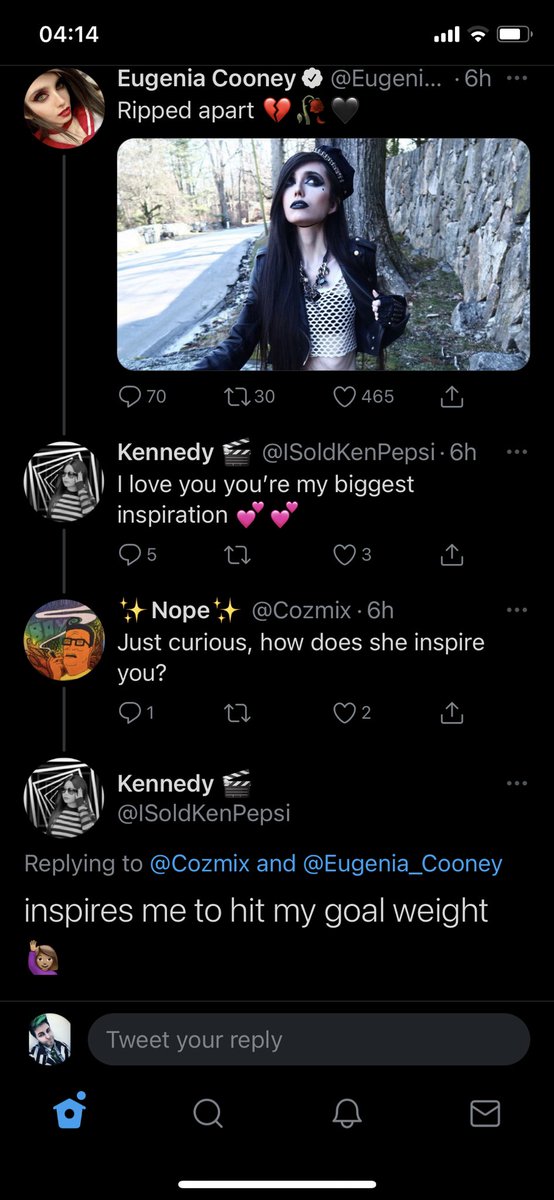 mr_redbot's tweet photo. @Eugenia_Cooney At this point, you can’t deny the impact you’re having on people. Please seek out help - not only for yourself, but for others too. @Twitter @TwitterSupport - how are you allowing pics like this that encourage self harm/eating disorders? Please do something, it’s dangerous. https://t.co/zK8C9sCNM5