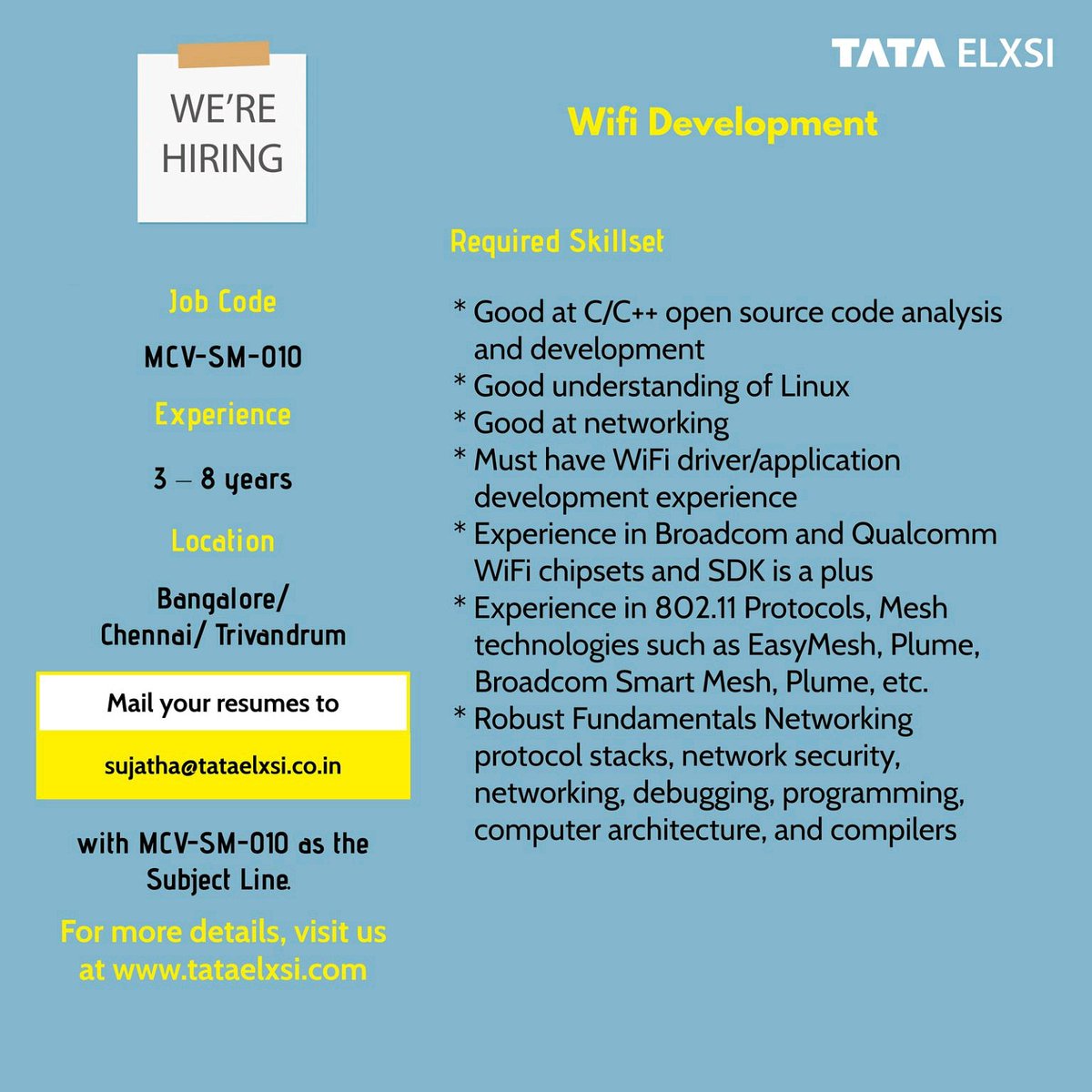 tataelxsi's tweet photo. We are Hiring!

For information about jobs in Tata Elxsi, please visit https://t.co/oUymMxudXe

#wifi #wifidevelopment #joblistings #hiring #recruitment #jobsearch #recruiting #careers #nowhiring https://t.co/56VO6AIaKV
