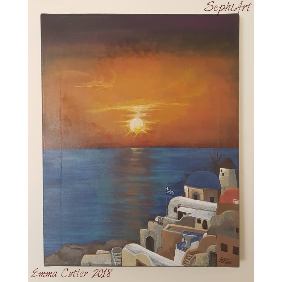Sephirayne's tweet photo. #ArtFlashback to the 'Mykonos Sunset' painting I did for my Dad's birthday in 2018. Last time I worked with acrylic paints. I might bring them out again. #art #artist #myart #painting https://t.co/RkUmzWoV47