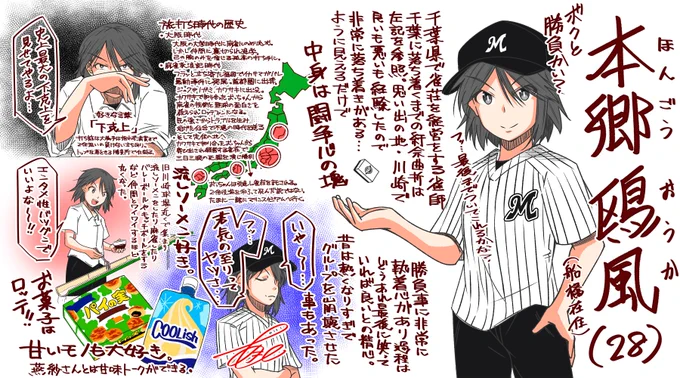 マリーンズファンの女史、本郷鴎風さんです。

勝負事が大好きで大学時代に麻雀の駆け引きにハマり、身を崩す。全国を旅打ちするジプシー状態となるが、川崎で人生の師となるおっちゃんと出会いと激闘を経て雀荘を受け継ぎ千葉に移り住む。少しは落ち着いたが中身は闘争心の塊。
#それいけ鯉依奈ちゃん 