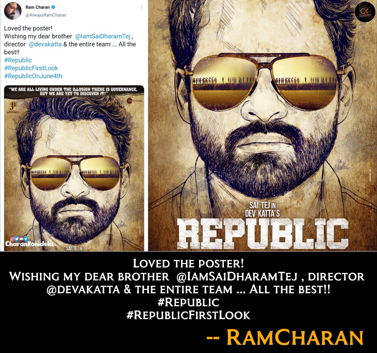 Charankonidelaa's tweet image. #RepublicFirstLook released by @AlwaysRamCharan 

#RamCharan #RamCharanBdayFestBegins #SeethaRAMaRajuCHARAN