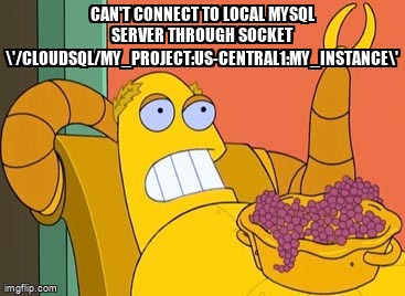 overflow_meme's tweet image. Can&apos;t connect to local MySQL server through socket \&apos;/cloudsql/my_project:us-central1:my_instance\&apos; stackoverflow.com/questions/5744… #googlecloudplatform #googlecloudsql #python
