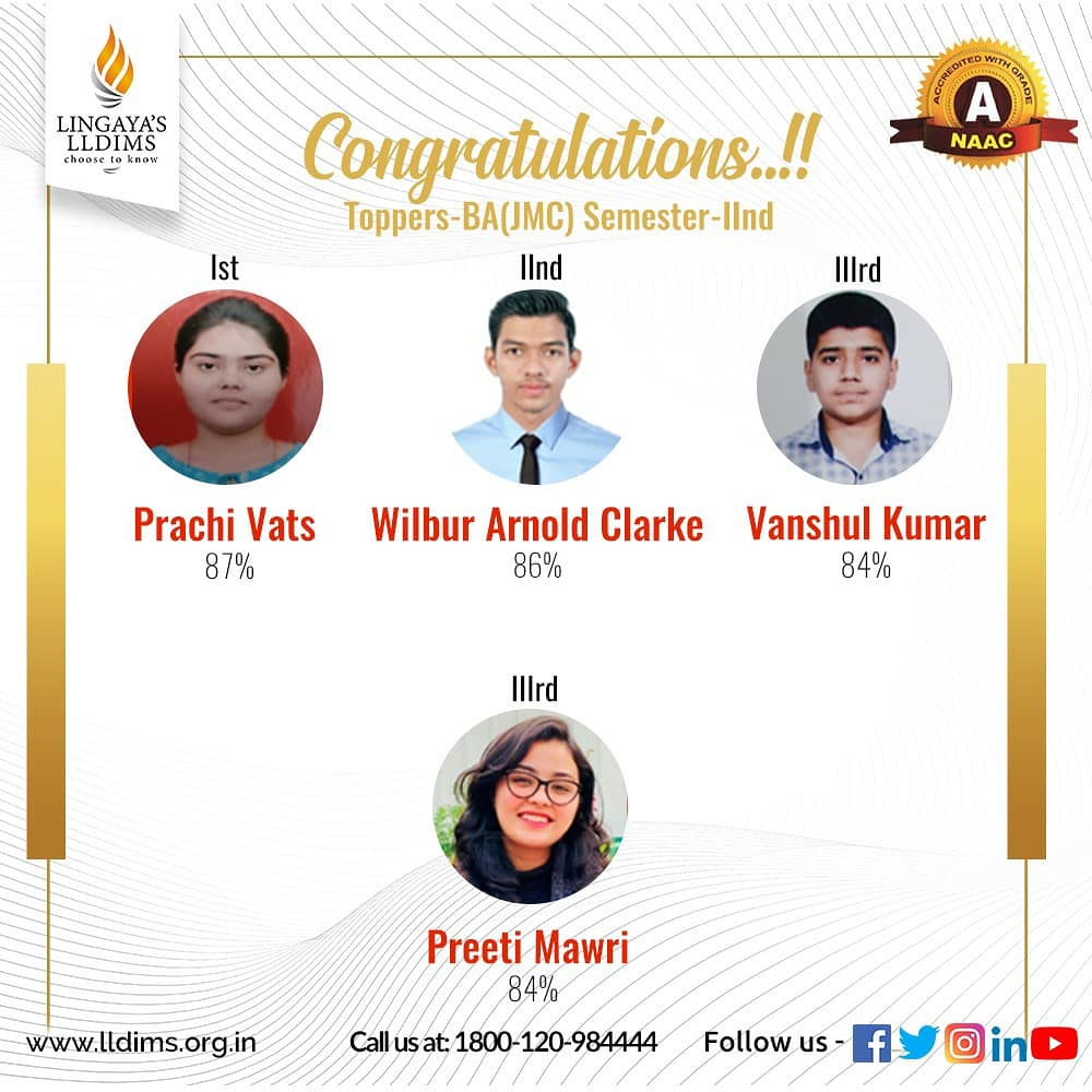 lingayaslldims's tweet photo. LLDIMS congratulates the Achievers of Dept of Journalism & Mass Communication from IVth & IInd Sem respectively for their outstanding performance in the Sem Exams.
We are really proud of you all and hope to see you shining always!
#lldims #lingayaslalitadevi #BAJMC #journalism https://t.co/NUGcqFuiBO