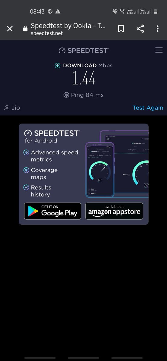 AIwarkar's tweet photo. @JioCare 1.44 mbps..??? Your 4g speed 👏👏..@TRAI hopefully you care about the telecom customers also !!.. https://t.co/gKeMPkTJub
