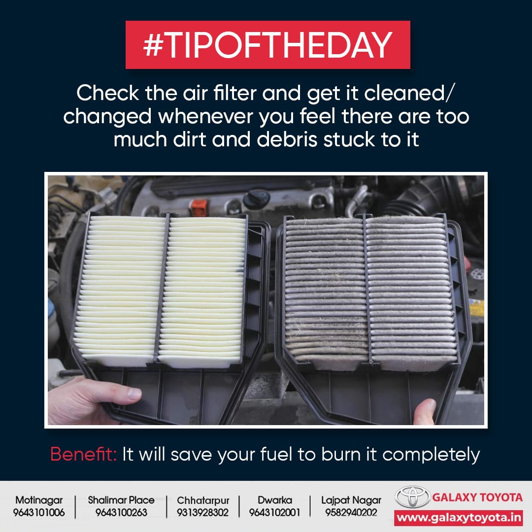 GalaxyToyotacom's tweet photo. Replacing a clogged air filter can increase fuel efficiency and improve the acceleration of your car...
.
.
#carrepair #carcare #toyota #tipoftheday #galaxytoyota #toyotaindia #car #carlovers #kundli #azadpur #okhla #caracservice #toyotaservice #toyotaservicecenter https://t.co/KuSNmuJKqD