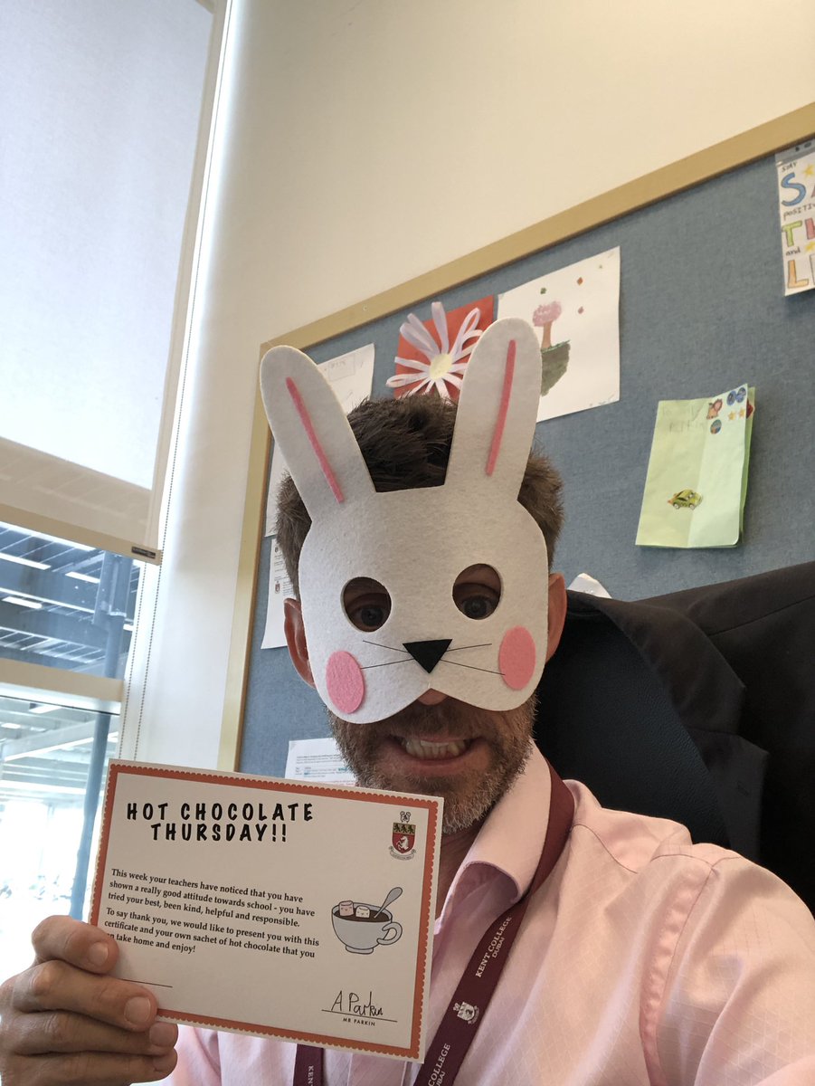 MrParkin's tweet photo. Last #hotchocolatethursday of the term @KentCollegeDXB and #spring time is in the air! Hot chocolate will be delivered to #aboveandbeyond children by an unfortunate scary 🐰! #PinkShirtThursday https://t.co/xVfVSz6Gp1