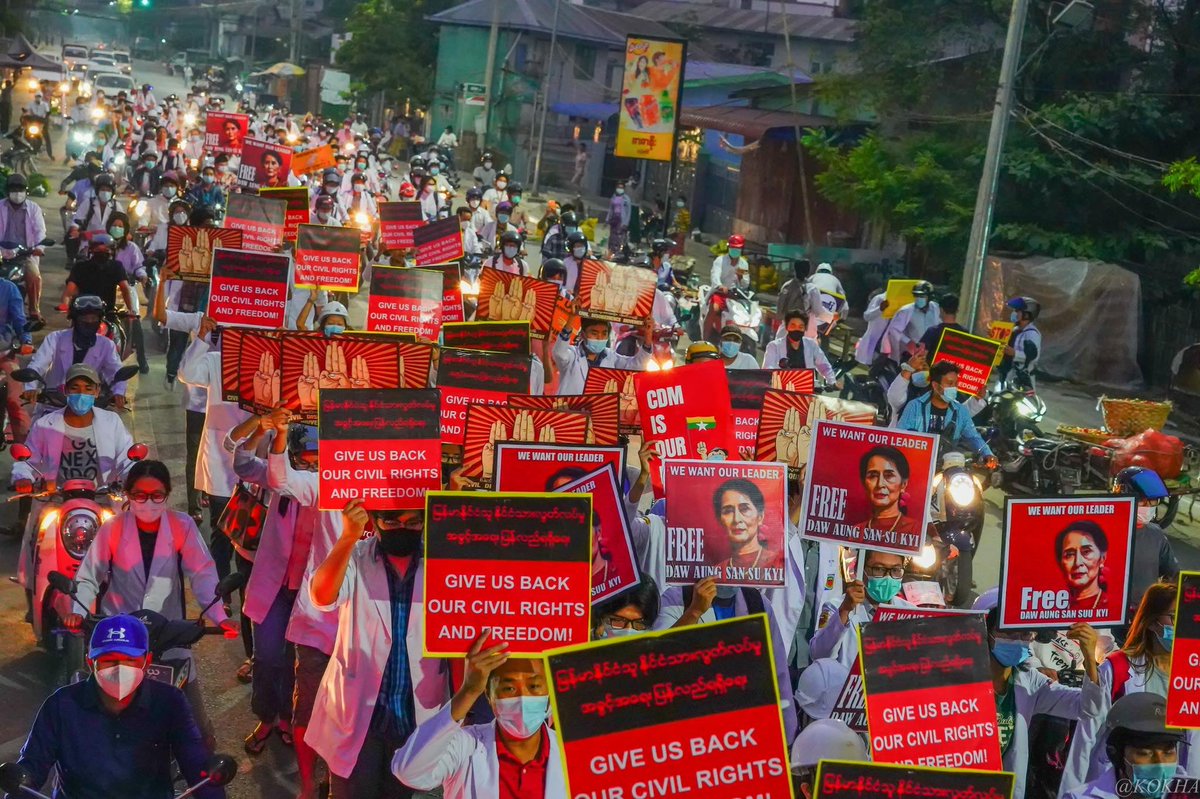 After joining a silent strike on Mar. 24, health workers took to the streets in Mandalay early on Mar. 25 to protest against the military dictatorship. (Photo: The Irrawaddy) 

#WhatsHappeningInMyanmar