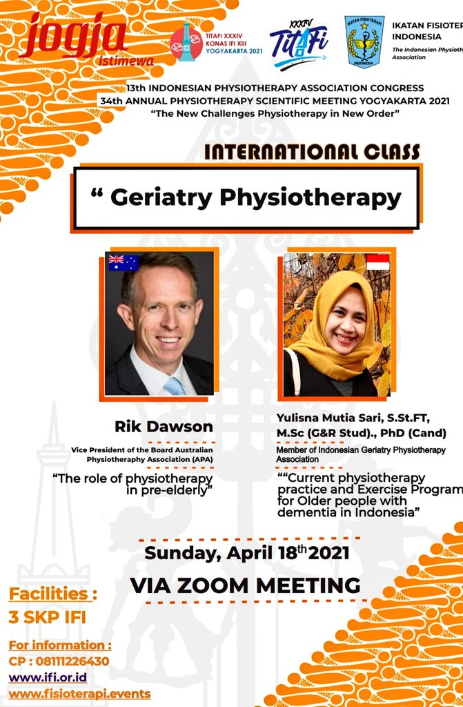 fisio_1968's tweet photo. Sudah tau yang ini?
Ada juga kelas Geriatri loohh..
Yuukk merapat, buat yang minat ilmu fisioterapi geriatri. Simak duet Mr.Dawson @apaphysio dan Mrs. Yulisna di #TITAFI #yogyakarta 2021
Daftar di https://t.co/Cz3tgG0J64 aja!
@WorldPhysio1951 @KemenkesRI https://t.co/H5oGe15AiE