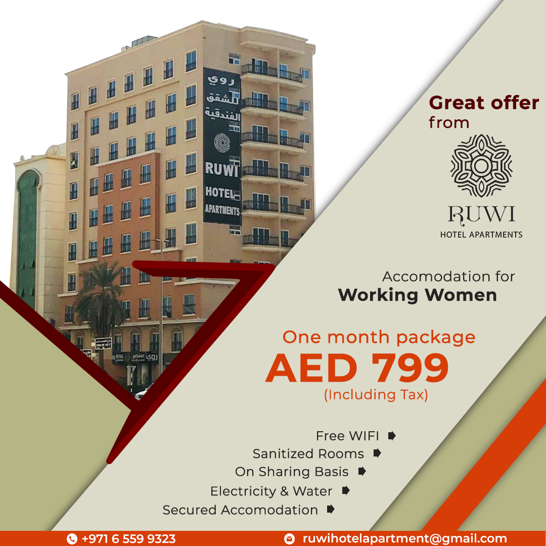 𝗚𝗿𝗲𝗮𝘁 𝗢𝗳𝗳𝗲𝗿 𝗳𝗿𝗼𝗺 𝗥𝘂𝘄𝗶 𝗛𝗼𝘁𝗲𝗹 𝗔𝗽𝗮𝗿𝘁𝗺𝗲𝗻𝘁𝘀 📢
🏨 Accommodation for Working Women

🏷️ One month package AED 799 including tax

📱 +971 58 950 1014 | ☎️ +971 65 599 323 

#ruwihotel #rooms #room #roomservice #modernroom #roomdesign #hotel #hotelrooms