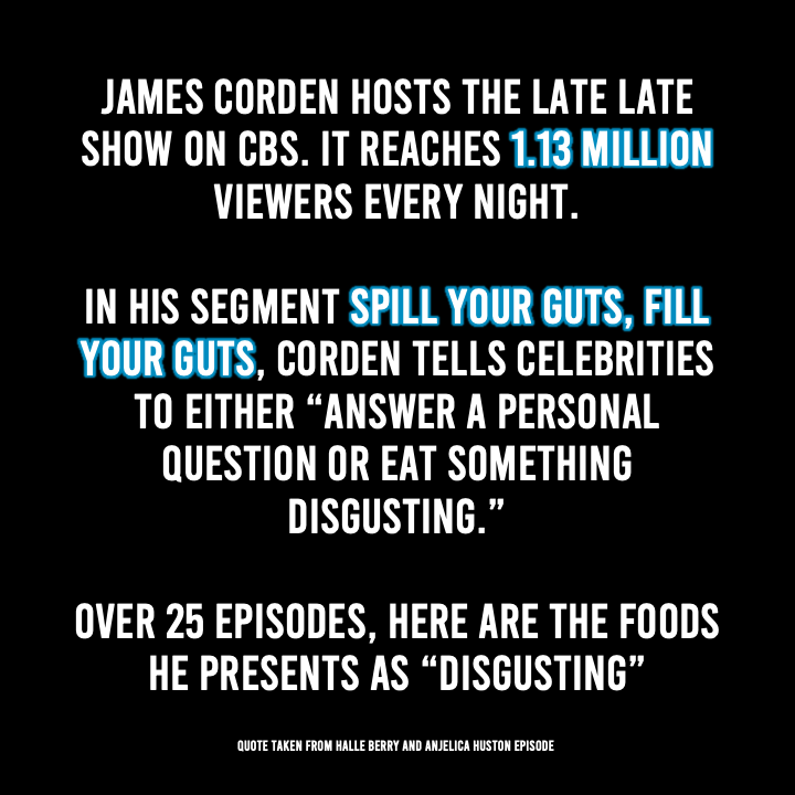 minneshelly's tweet photo. 1/5 I've been having this conversation a lot recently so I put together some data vizes to help illustrate why I think the "Spill Your Guts" segment on @latelateshow is racist. https://t.co/a3ponRHROC