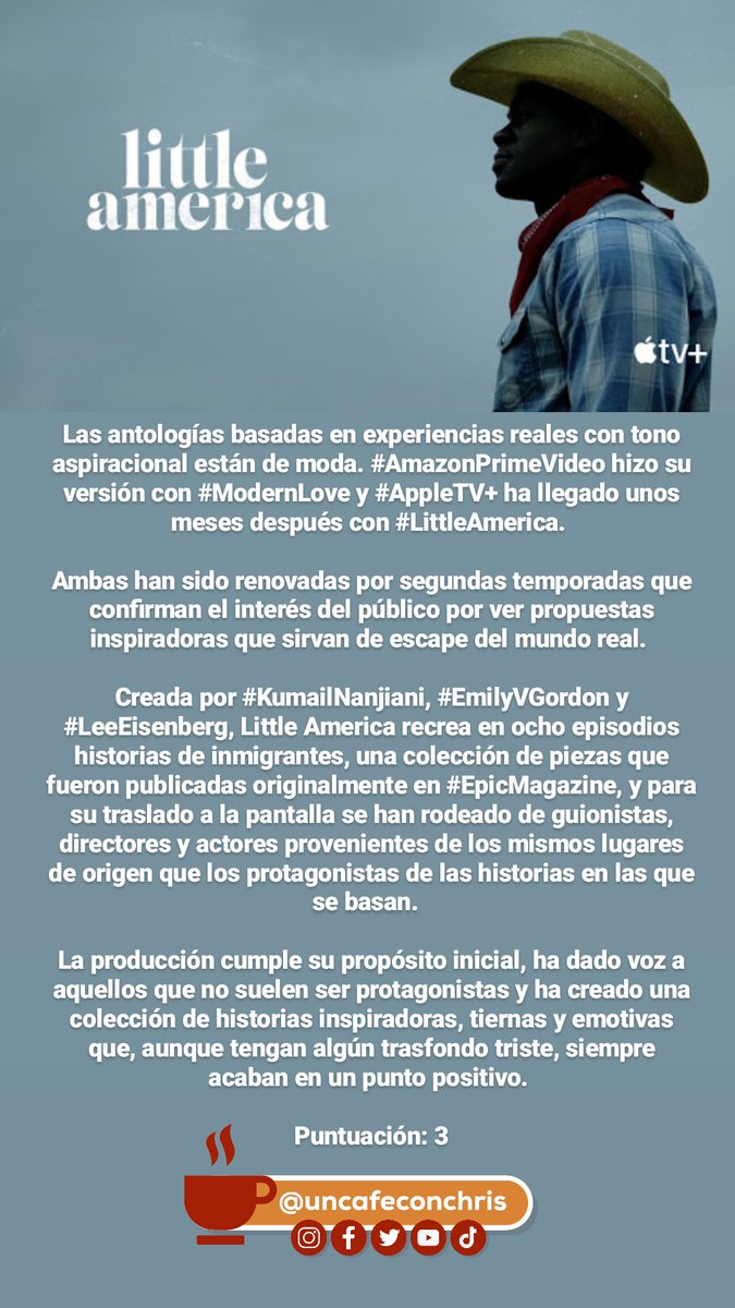 uncafeconchris's tweet photo. Las antologías basadas en experiencias reales con tono aspiracional están de moda. #AmazonPrimeVideo hizo su versión con #ModernLove y #AppleTV+ ha llegado con #LittleAmerica. 
Creada por #KumailNanjiani, #EmilyVGordon y #LeeEisenberg, 
Puntuación: 3 #uncafeconchris https://t.co/DnzWKq4p1a