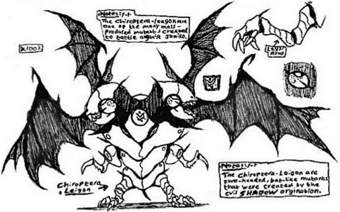 Kainsword17a's tweet photo. Chiroptera-Leigon カイロプテラー軍団: 
The Chiroptera-Leigon are two-headed, four-winged bat-like SHADOW-mutants with taloned hands, a venomous-bite and can fly as supersonic-speeds.
#CaptainJapan #kaijin https://t.co/0iy5oTN98S