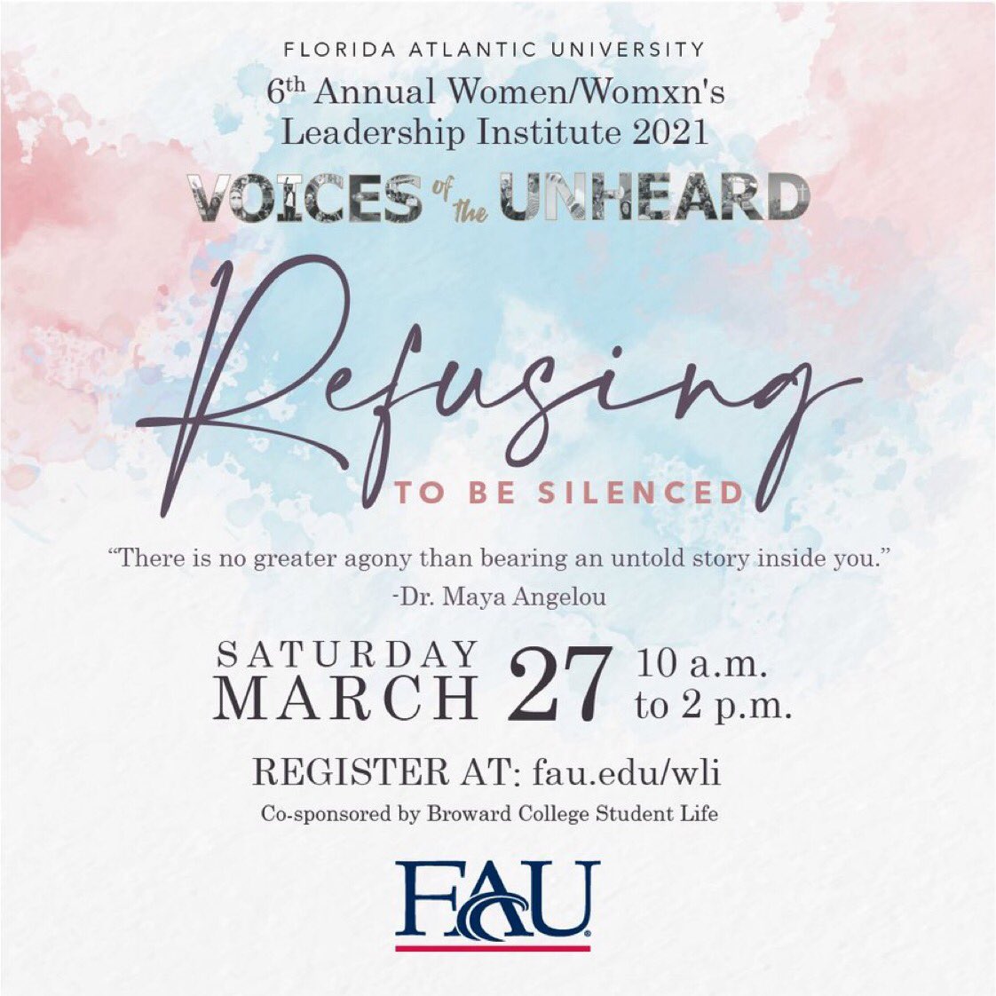 It’s not too late to register for the 6th Annual Women/Womxn's Leadership Institute taking place this Saturday, March 27 @ 10 a.m. Register now @ fau.edu/wli.