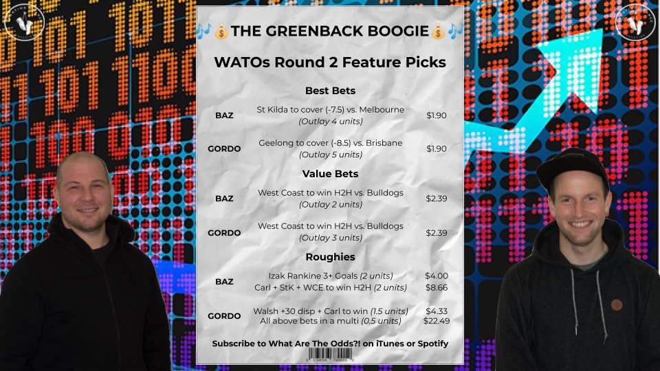 WATOsPod's tweet photo. 🎶💃💰 THE GREENBACK BOOGIE 💰💃🎶

The Boys put their money where their mouth is, and back up their takes with some tasty angles.

PREVIEW #AFL RD2 w #WATOs here: https://t.co/233JxhuoRe or on @AFLFootyLive

#AFLBluesPies #AFLCatsLions #AFLDogsEagles #AFLSaintsDees #AFLSunsNorth https://t.co/H9P83NNKS2