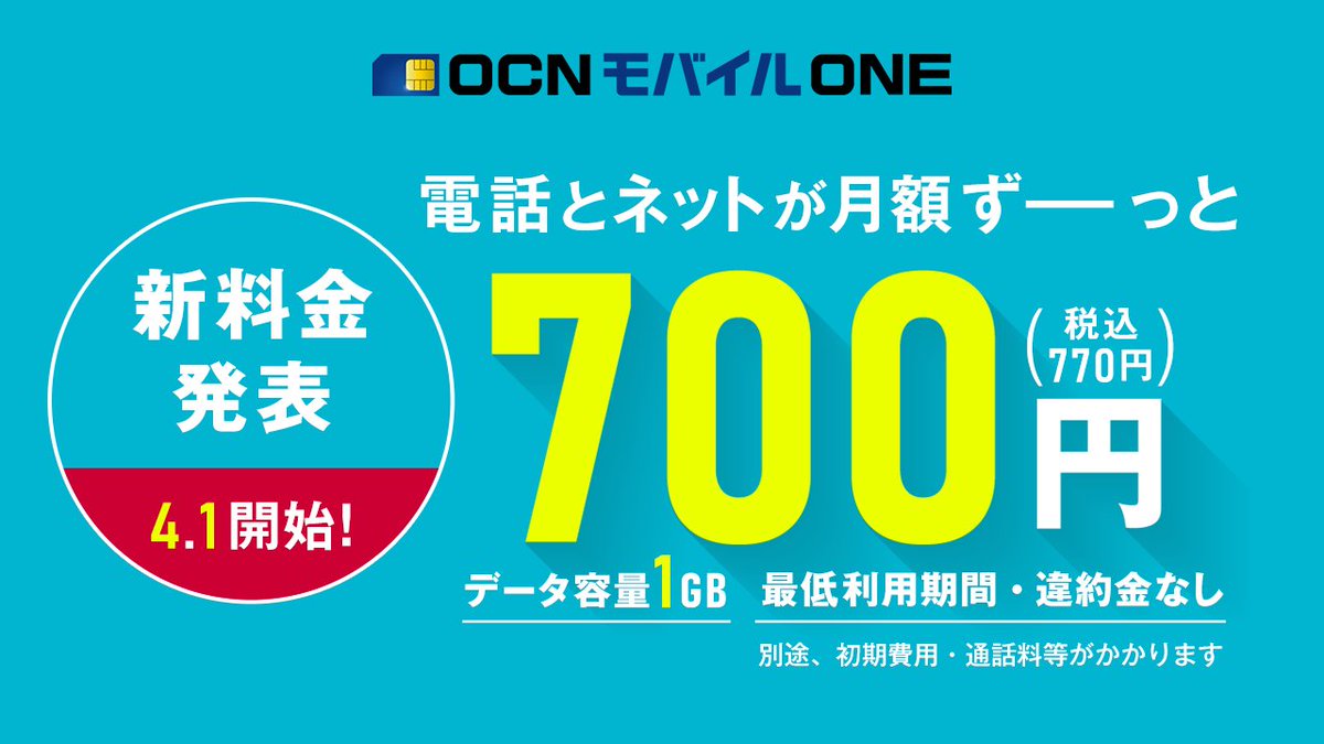 公式 Ocn モバイル One 新料金発表 大変お待たせしました Ocnモバイルone は21 4 1 新料金へ 音声対応sim 1gb 月コースを700円 税抜 にて提供開始 Ocn光モバイル割適用の場合は500円 税抜 現在ご利用中のお客さまはお手続きなしで4月以降自動 公式 Ocn モバイル One 新料金発表 大変お待たせしました Ocnモバイルone は21 4 1 新料金へ 音声対応sim 1gb 月コースを700円 税抜 にて提供開始 Ocn光モバイル割適用の場合は500円 税抜 現在ご利用中のお客さまはお手続きなしで4月以降自動