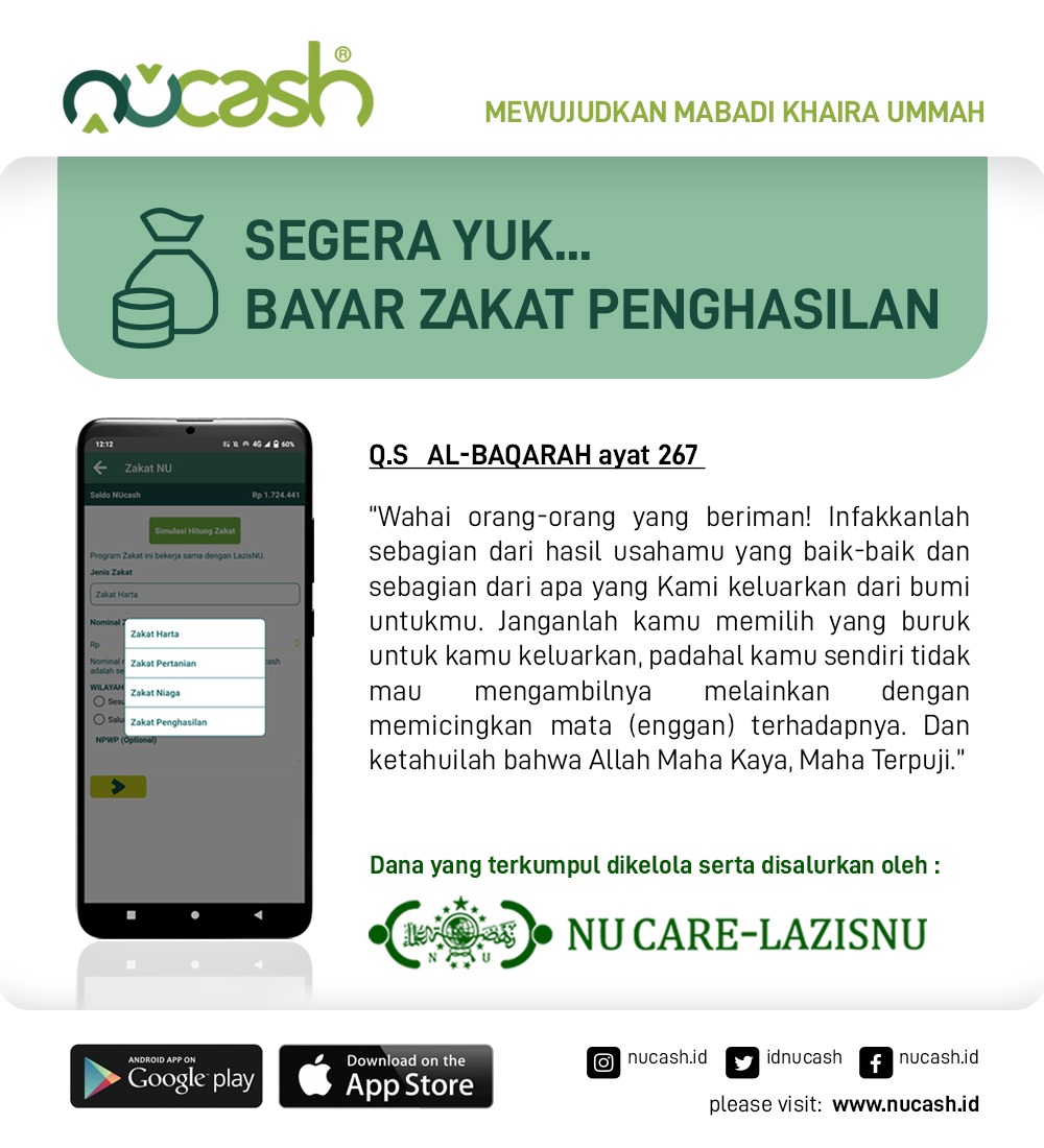 IdNucash's tweet photo. Sahabat,

Bayar zakat penghasilan begitu mudah dengan aplikasi NUcash. Segera yuk kita tunaikan.

Buka aplikasi NUcashmu, jangan lupa Top Up Saldo untuk kelancaran transaksi.

#NahdlatulUlama #NUcare #LAZISNU #NUcash #Zakat #ZakatPenghasilan #RukunIslam #MabadiKhairaUmmah https://t.co/pC6bQNqyqA