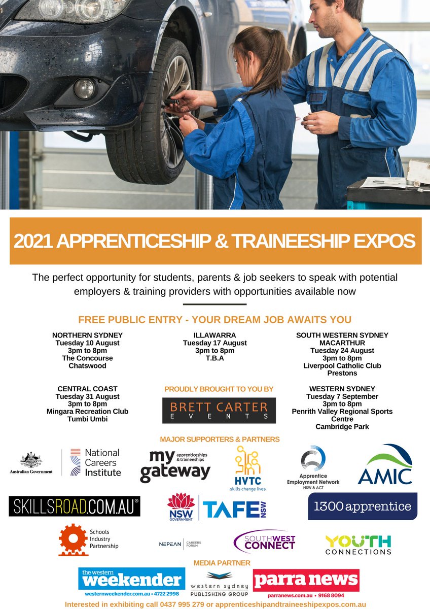 brettmcarter's tweet photo. Brett Carter Events is proud to welcome the @Aus_Meat_Ind as a Bronze Sponsor of the 2021 Apprenticeship &amp; Traineeship Expos. 

Like to be involved? Register today https://t.co/xCtatXwmSs

#Jobs #VET #skills #recovery #tafensw #employment #apprenticeships #traineeships #careers https://t.co/8OoKJlY9YK
