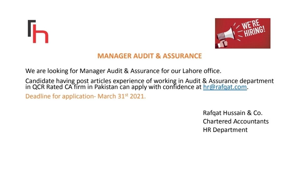 rafqathussainca's tweet photo. We are in process of #hiring #ManagerAudit & Assurance for our #Lahore #office.
#Candidate having #postarticles #experience of working in #Audit & Assurance #department in #QCR Rated #CAfirm in Pakistan can #apply with confidence at hr@rafqat.com.
#Deadline 31-03-2021 https://t.co/uEwTVSIzv2
